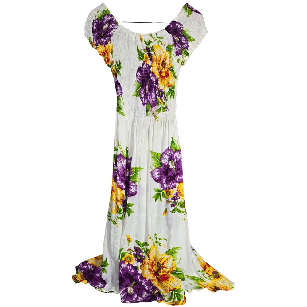 MAMTA White Floral Rayon Dress Smocked Off Shoulder Sundress Women's‎ One Size